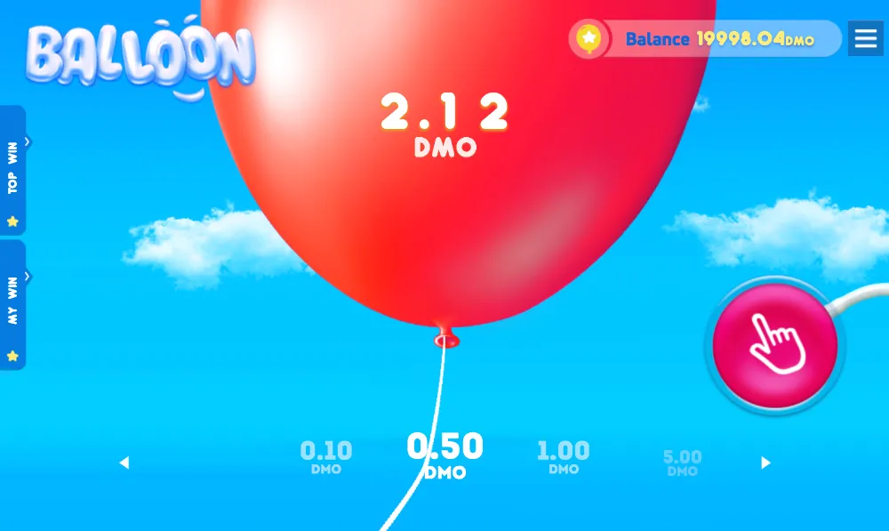 Interface do jogo Balloon mostrando balão colorido inflando com multiplicador crescente na tela