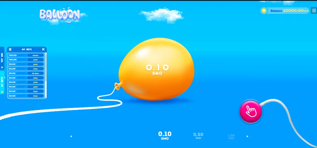 Demonstração completa da interface do jogo Balloon mostrando balão inflando, multiplicador e botão de saque