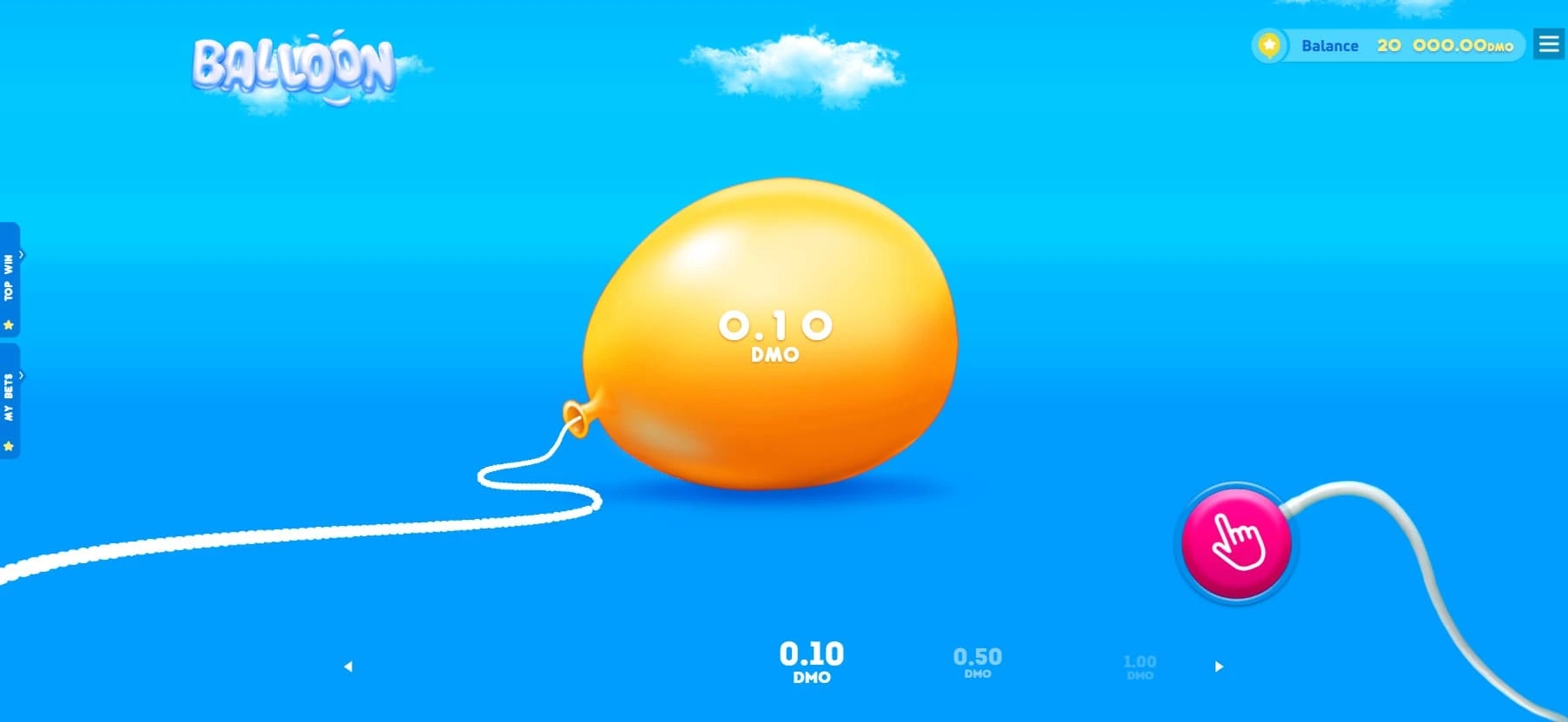 Tela principal do jogo Balloon com balão roxo inflando e multiplicador 3.45x exibido em destaque